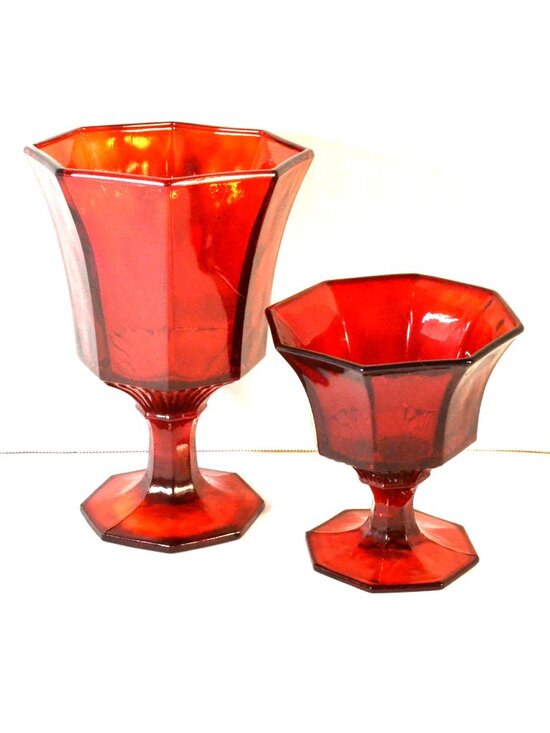 Other - Pair Of Ruby Red Octagon Shape Glass Decor Accent
